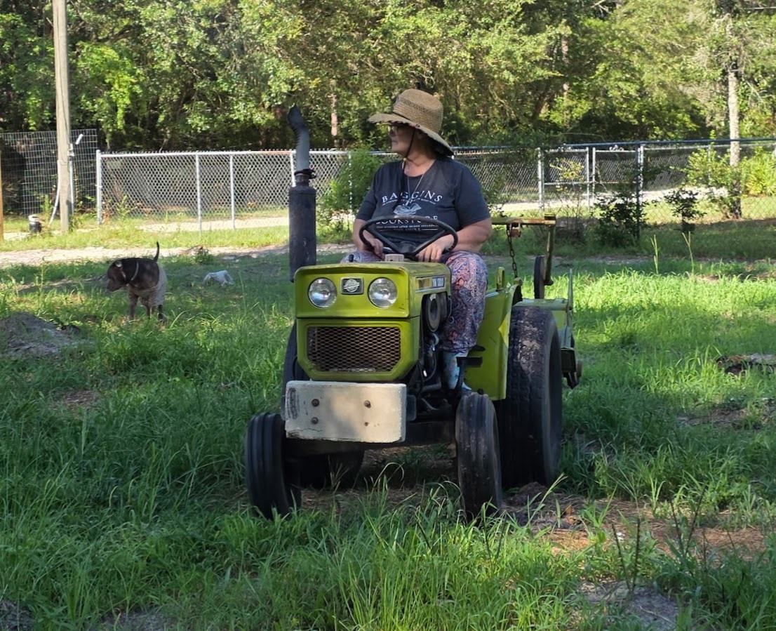 Deborah Nowland, CFO and Event Coordinator, driving a tractor through the fields at Bagshot Row Pepper Farm