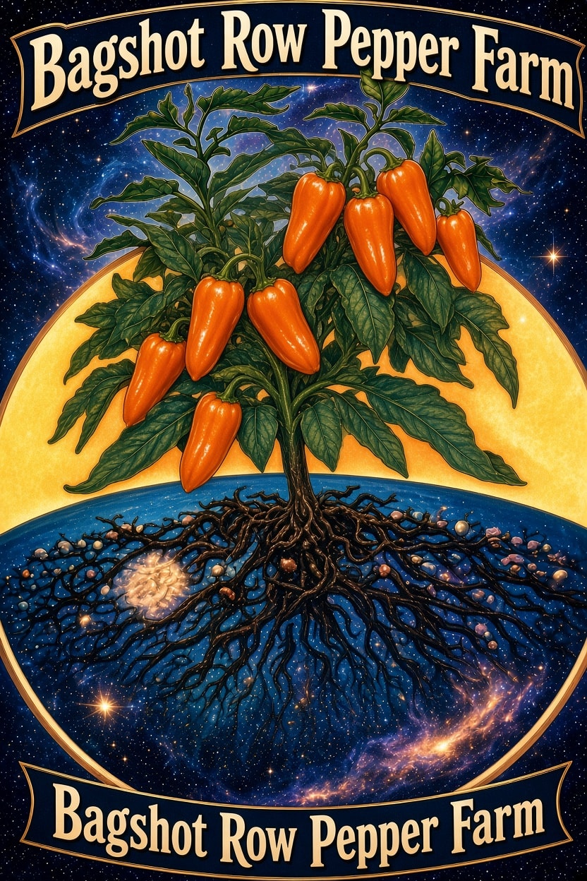 Bagshot Row Pepper Farm hydroponics illustration — pepper plant with cosmic root system